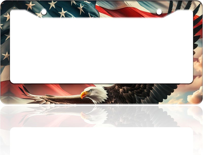 TINALUIN American Flag Eagle License Plate Frame Patriotic Stainless Steel License Plate Holder for Front or Rear Car Tags Funny for Car Decoration Accessories with Screws 6.3 X 12.2 in for Women Men - Image 1
